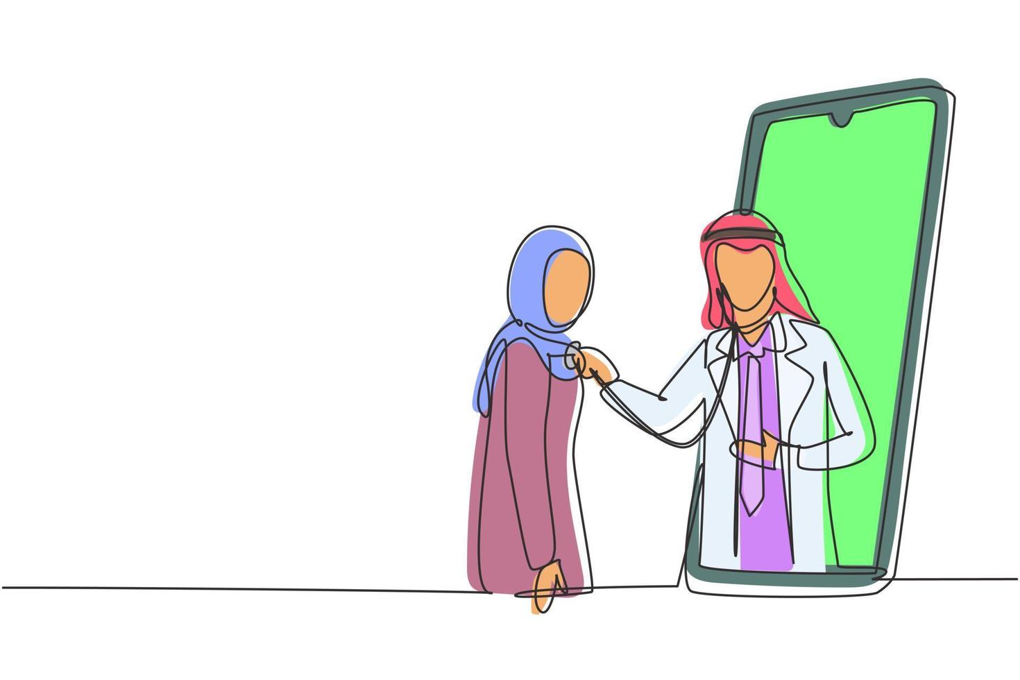 Single continuous line drawing Arabian male doctor comes out of smartphone screen and checks female patient's heart rate using a stethoscope. Dynamic one line draw graphic design vector illustration