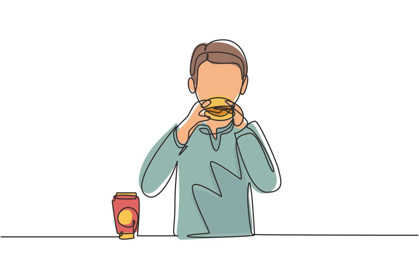 Single continuous line drawing Arabian boy having hamburger meal with hands around table. Enjoy and happy lunch when hungry. Delicious fast food. One line draw graphic design vector illustration