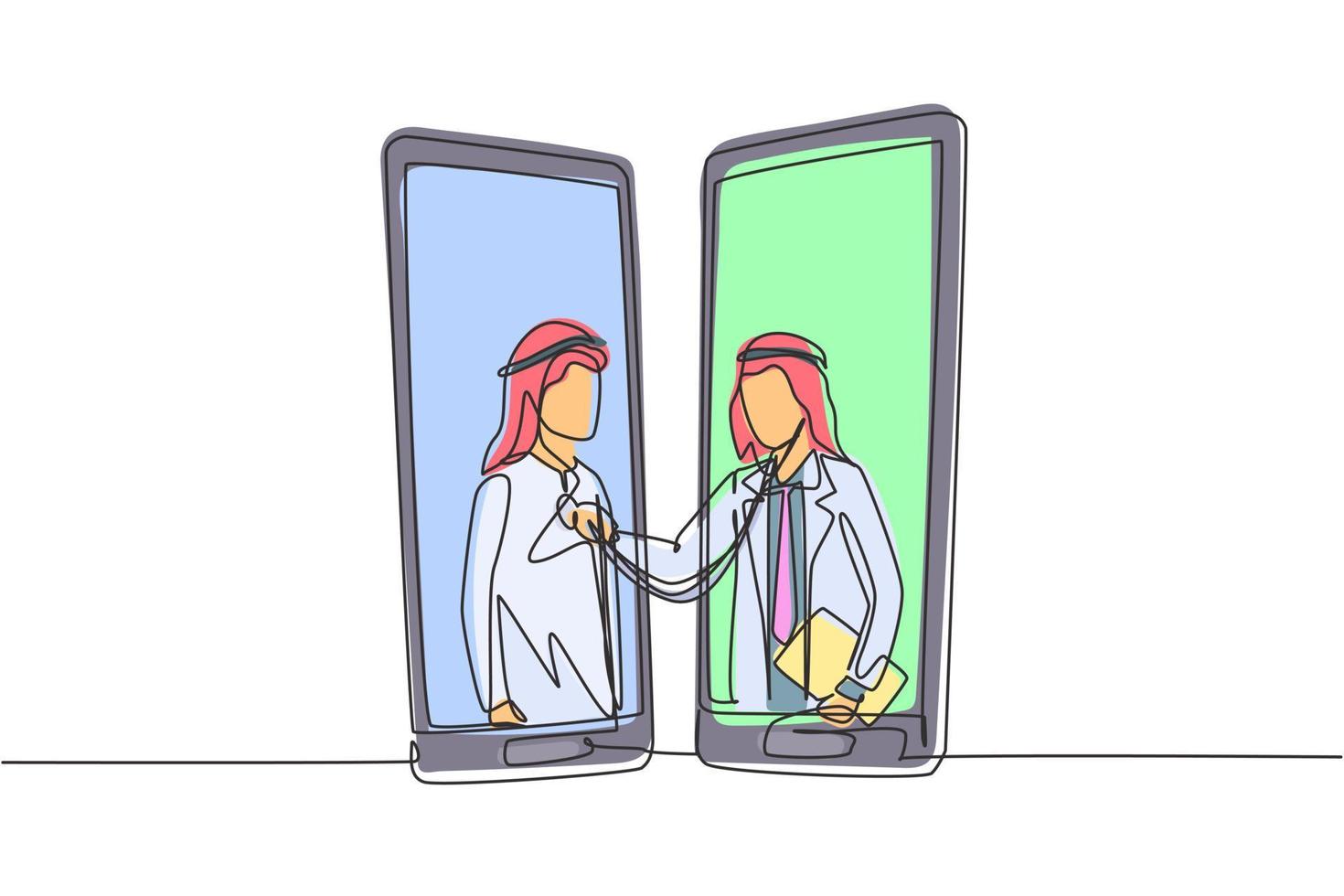 Single one line drawing two smartphones facing each other with Arabian male doctor checking heart rate of male patient using stethoscope. Modern continuous line draw design graphic vector illustration