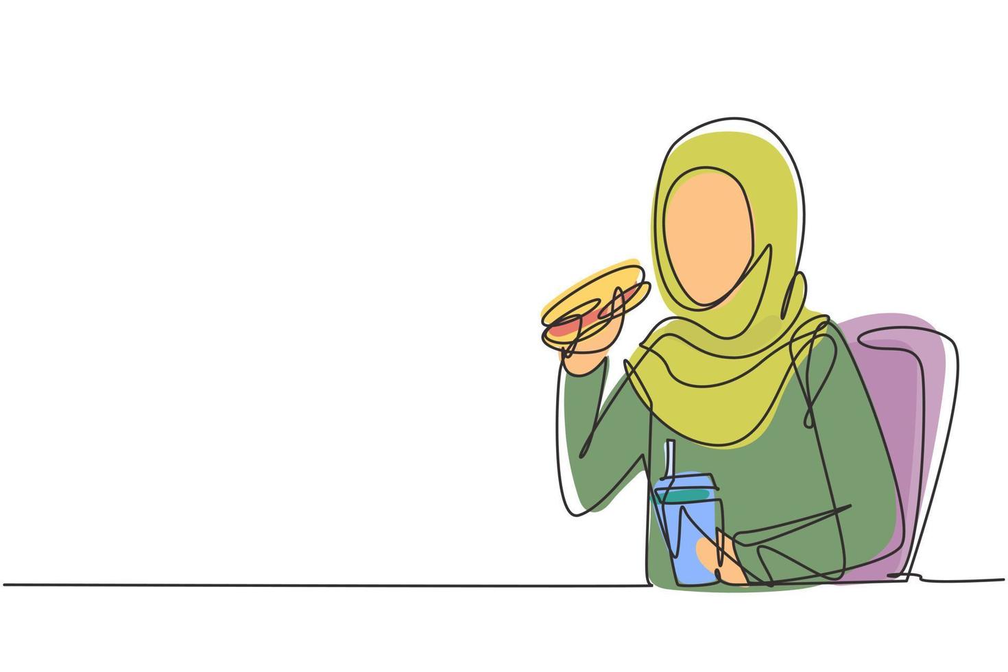 dibujo de línea continua única joven árabe con comida de hamburguesa y copa de bebida de cola con la mano. feliz y disfrutar del almuerzo en el restaurante. Ilustración de vector de diseño gráfico de dibujo de una línea dinámica