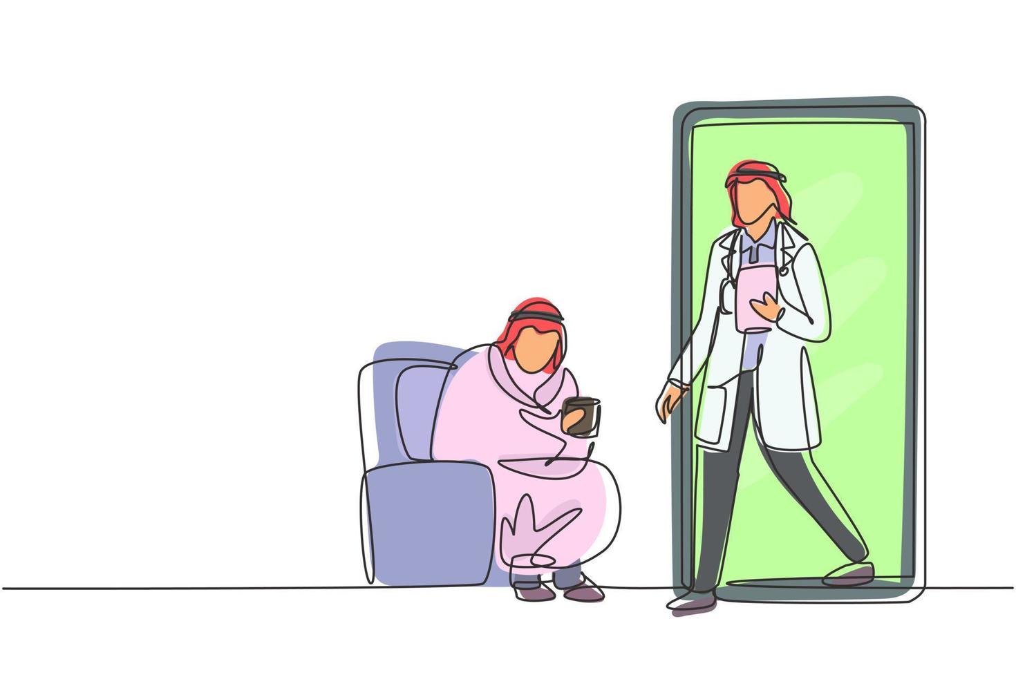 Single one line drawing Arabian male patient sitting curled up on sofa, using blanket, holding mug and there is male doctor walking out of smartphone, holding clipboard. Modern continuous line draw vector