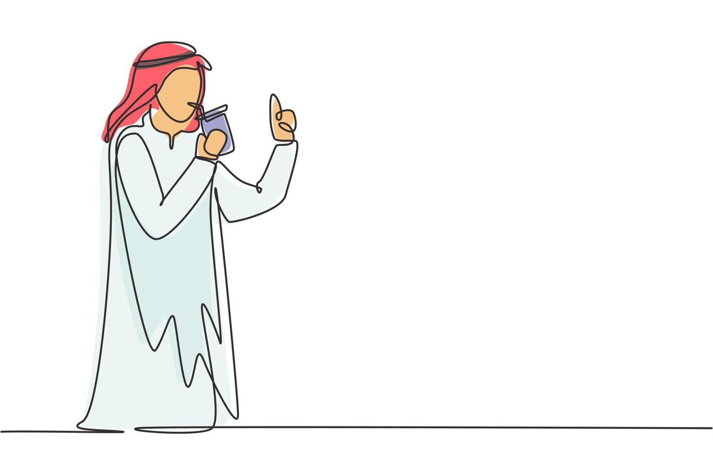 Continuous one line drawing young Arabian man holding a cup of coffee while thinking about tomorrow's work plans. Success and relaxing lifestyle. Single line draw design vector graphic illustration