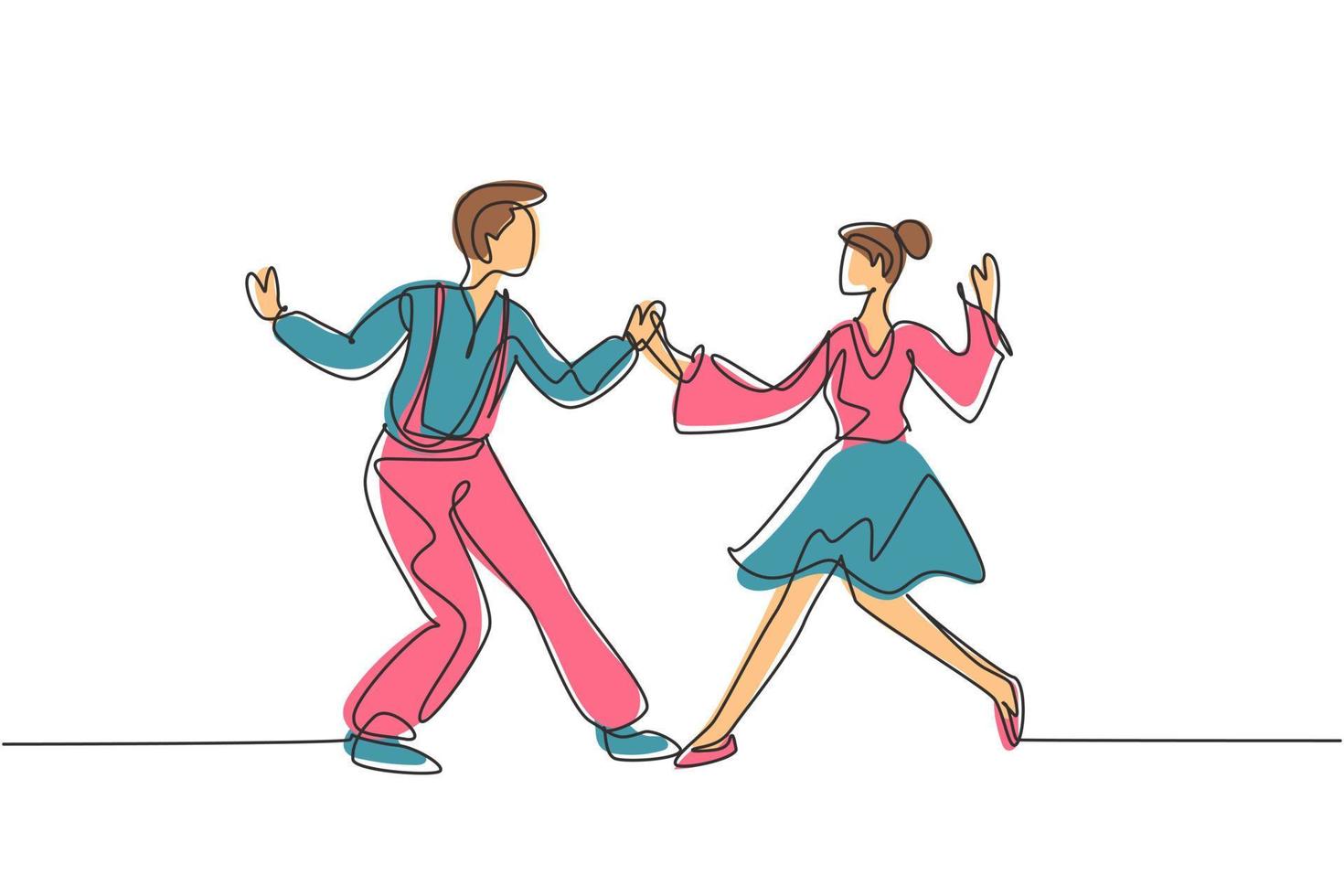 Continuous one line drawing man and woman dancing Lindy hop or Swing together. Male and female characters performing dance at school or party. Single line draw design vector graphic illustration