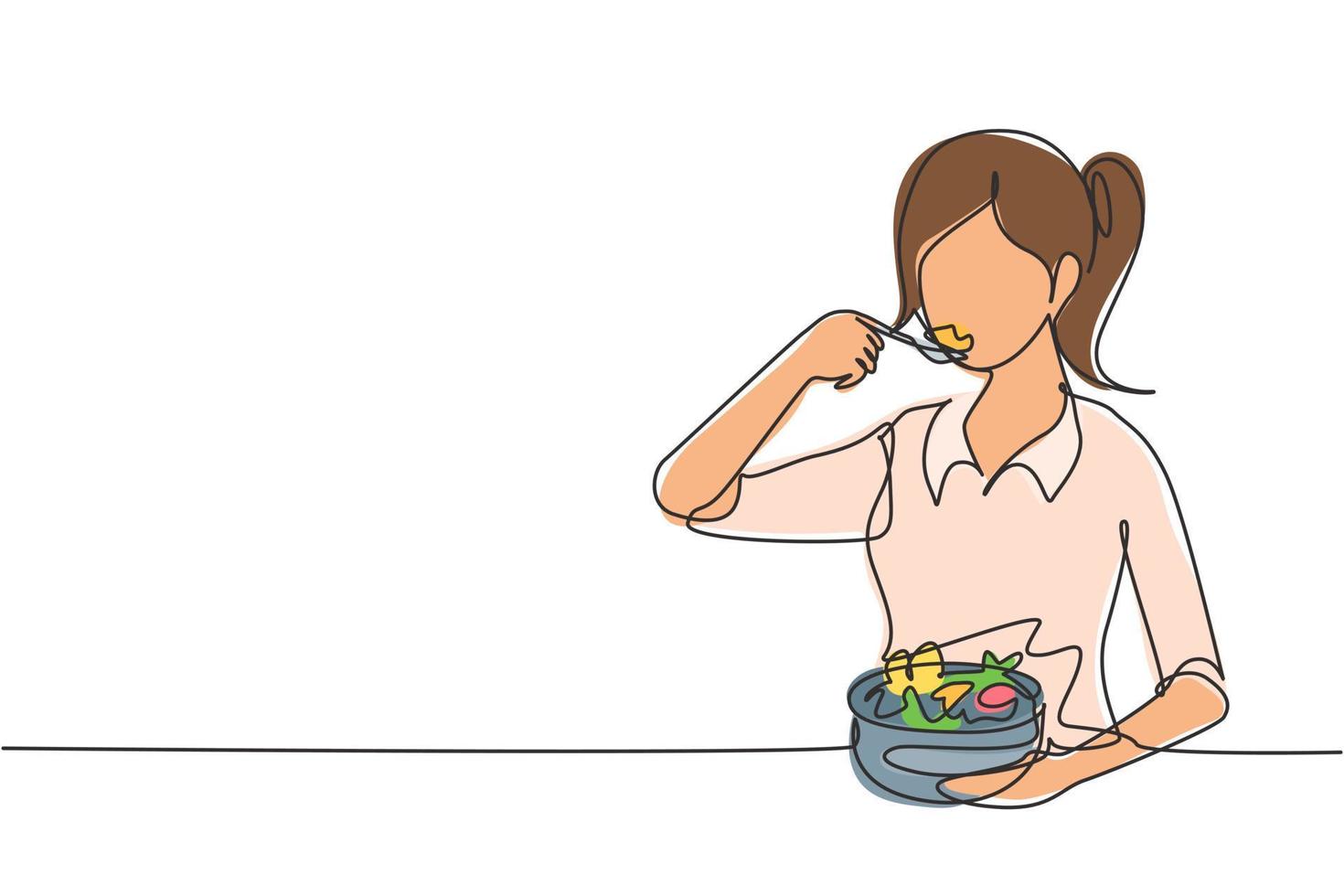 Continuous one line drawing young girl having salad meal with spoon and bowl. Happy and enjoy breakfast at home. Delicious, healthy and tasty food. Single line draw design vector graphic illustration
