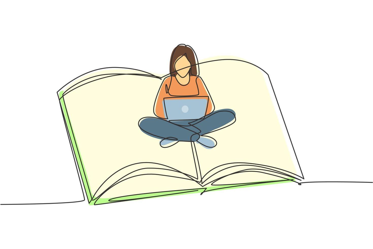 Continuous one line drawing young female with laptop sitting on open big book. Freelance, distance learning, online courses, and studying concept. Single line draw design vector graphic illustration