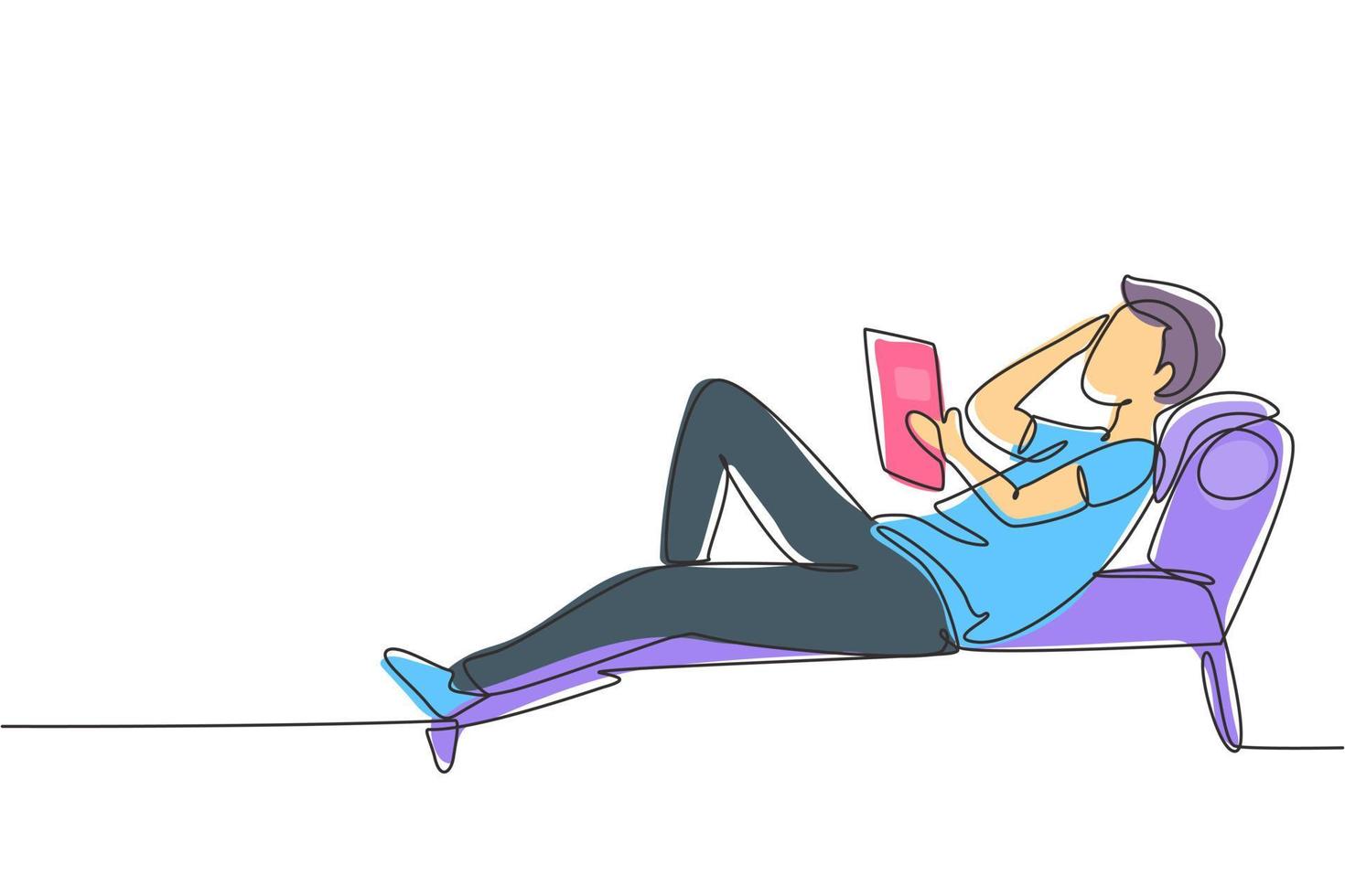 Single continuous line drawing young man reading, learning and laying down on recliner sofa. Literature fans or lovers. Education concept. Dynamic one line draw graphic design vector illustration