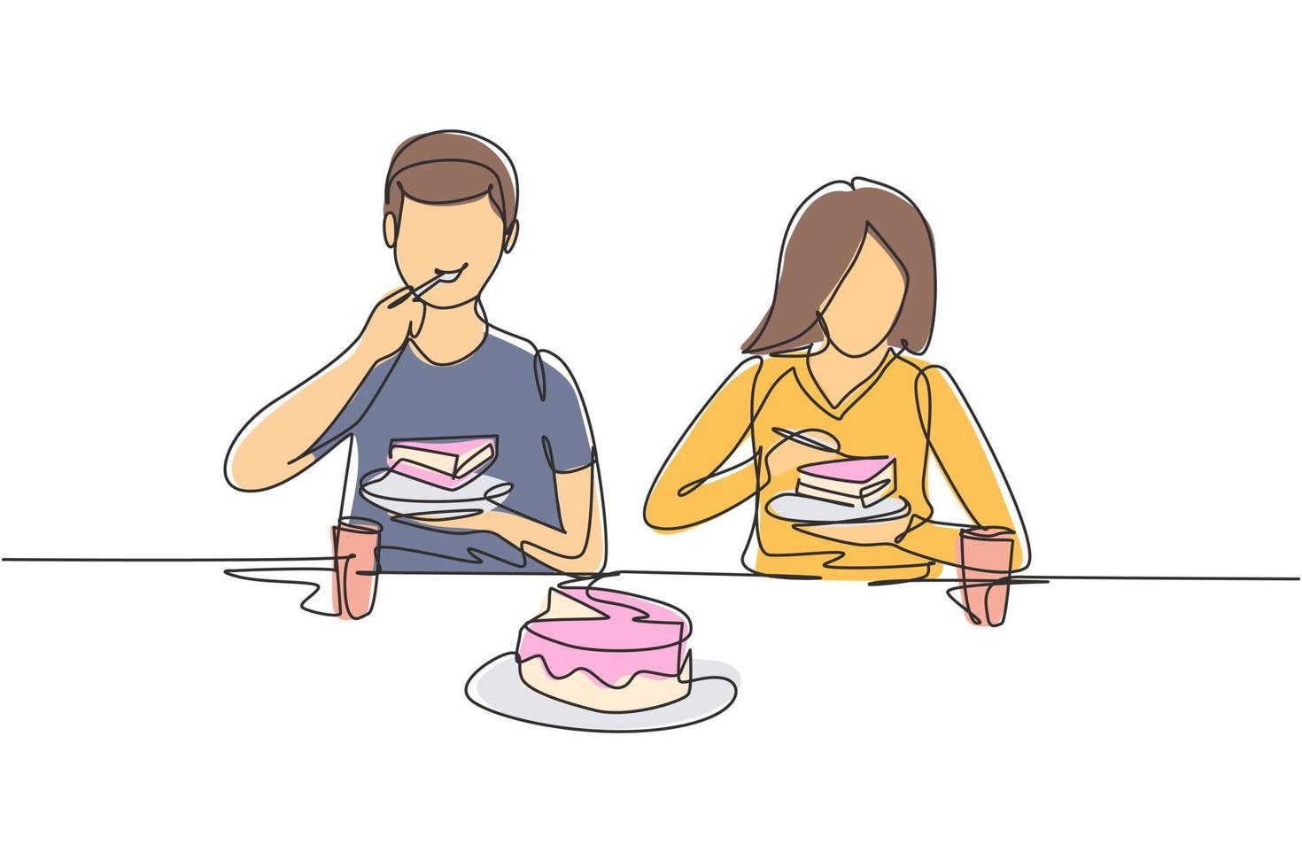 dibujo de línea continua única pareja joven marido y mujer comiendo pastel alrededor de la mesa. Celebre el aniversario de bodas con una cena romántica. Ilustración de vector de diseño gráfico de dibujo de una línea dinámica