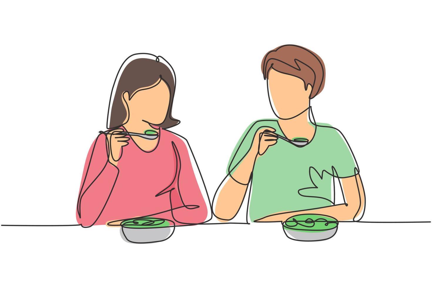 Single continuous line drawing young couple having salad meal around table. Happy male female sitting eating lunch together in restaurant. Dynamic one line draw graphic design vector illustration