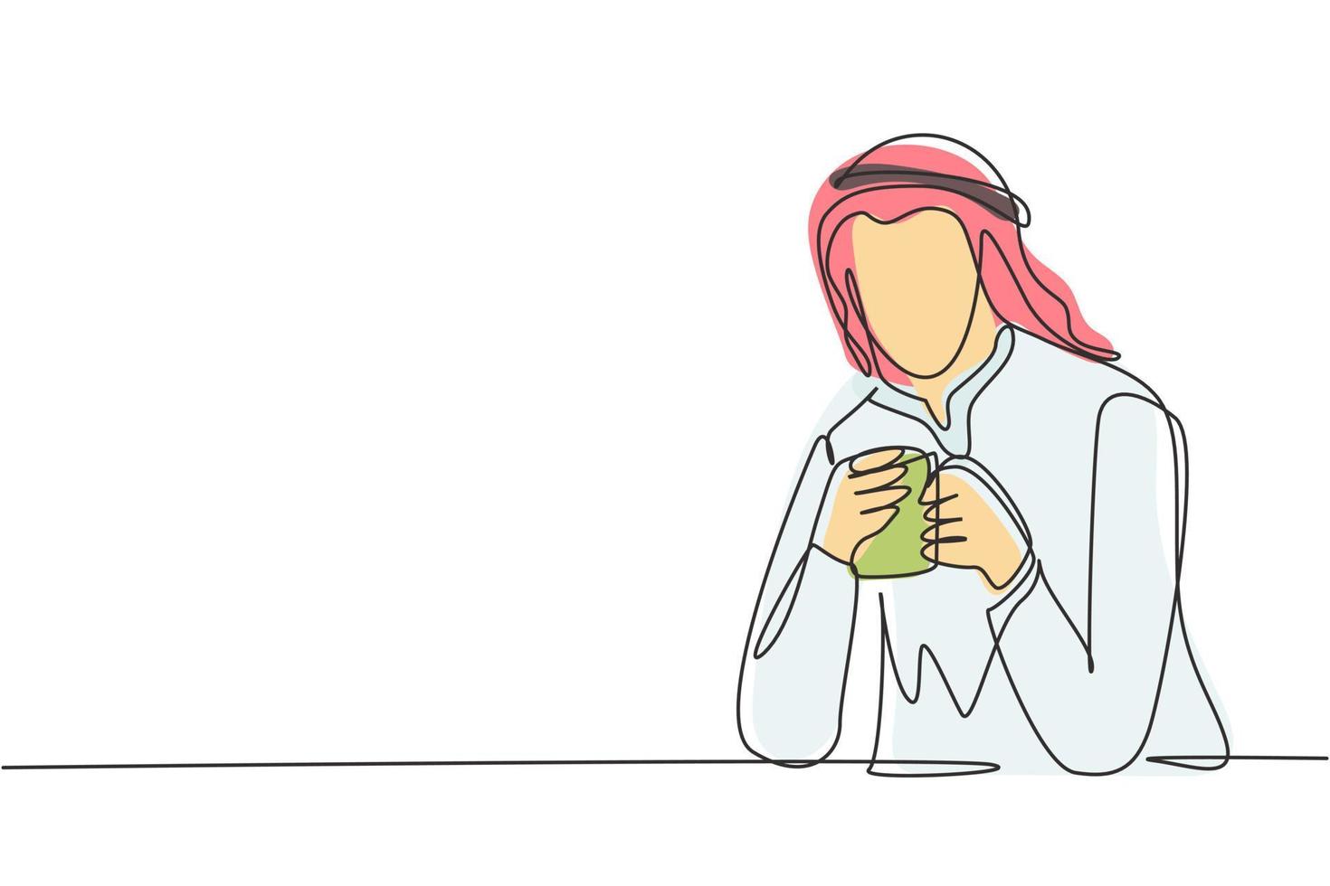 Single continuous line drawing young Arabian man sitting and holding a cup of coffee in one hand. Enjoy morning before work at office. Success person. One line draw graphic design vector illustration