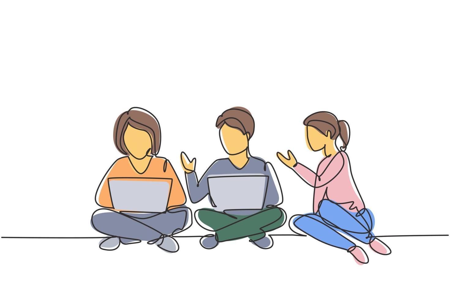 Single continuous line drawing three students studying with laptop and sitting on the floor together. Back to school, online education concept. Dynamic one line draw graphic design vector illustration