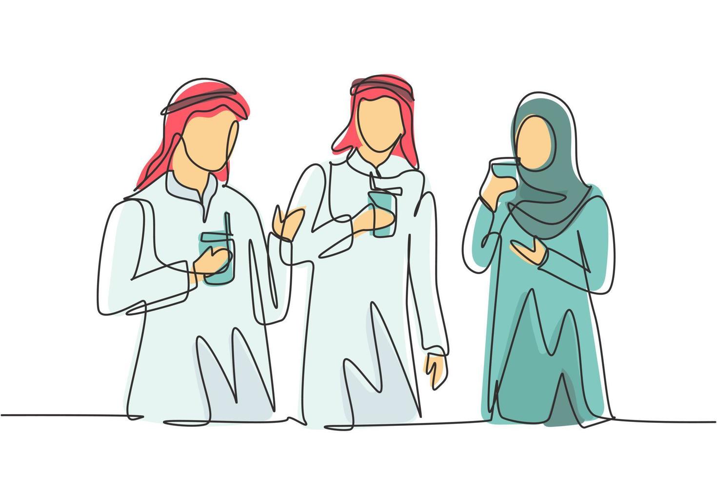 Single one line drawing Arabian teens drink soda to celebrate their friendship by celebrating a party at park. Happy relaxing moment. Modern continuous line draw design graphic vector illustration