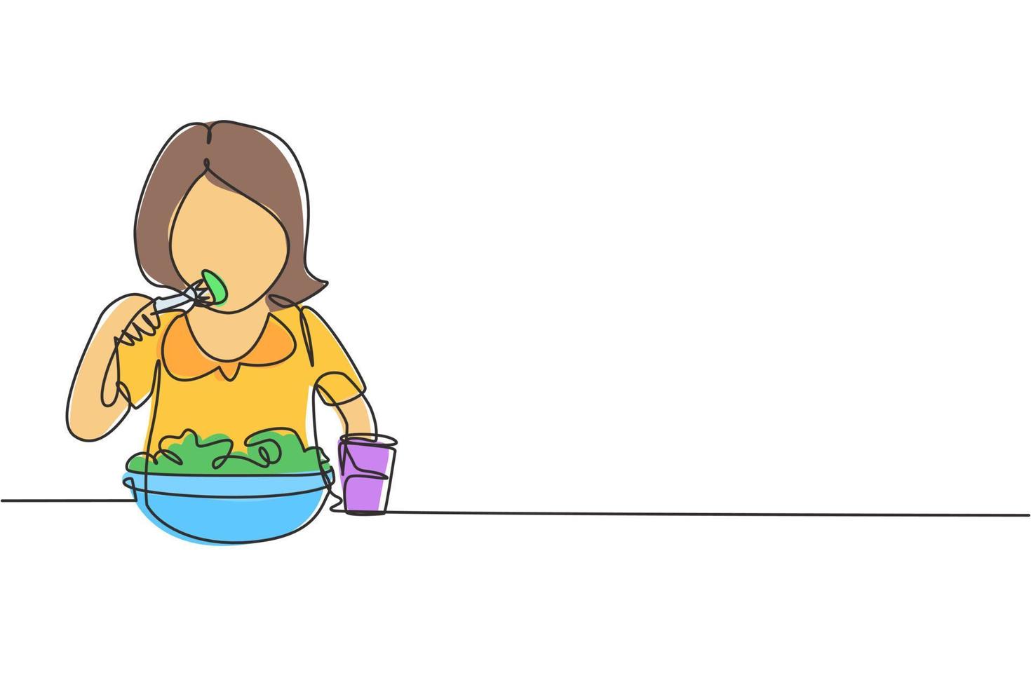 Single one line drawing girl having salad meal with fork around table. Happy and enjoy breakfast in morning. Delicious and healthy food. Modern continuous line draw design graphic vector illustration