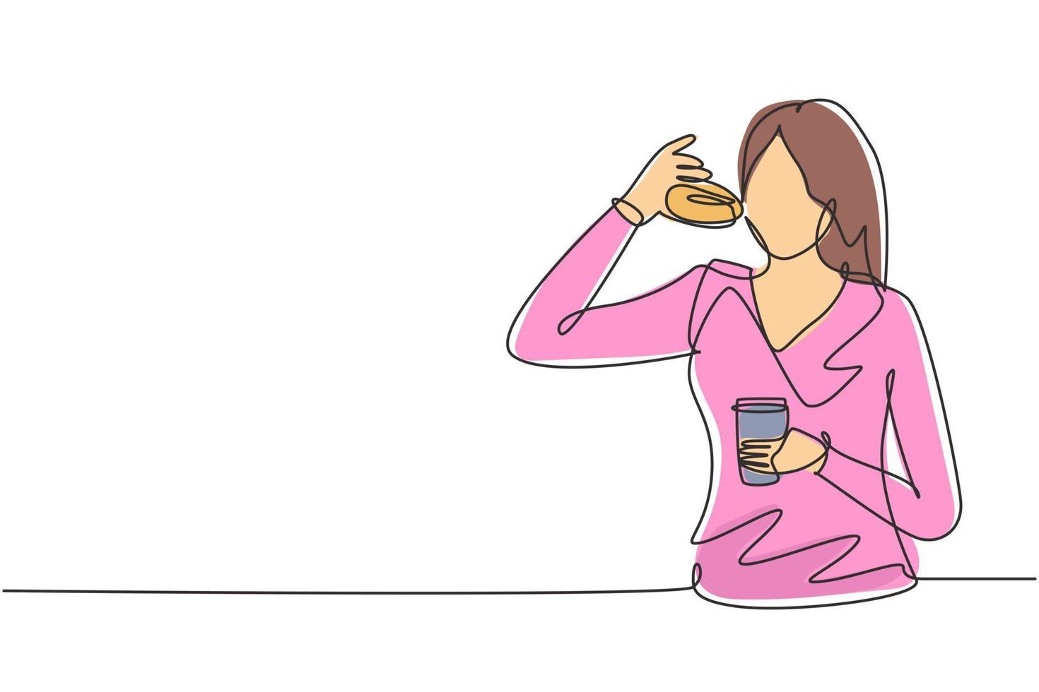 dibujo de una sola línea mujer joven con comida de rosquilla y beber una taza de café con la mano. disfrutar del desayuno. comida deliciosa y saludable. Ilustración de vector gráfico de diseño de dibujo de línea continua moderna