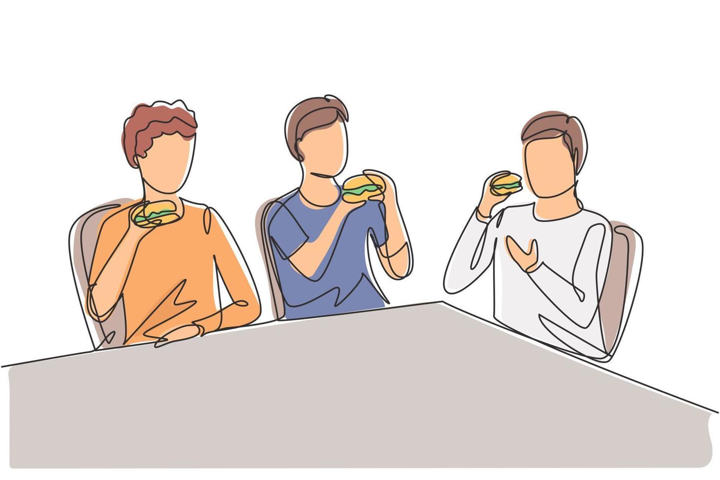 Single continuous line drawing young fun and smiling men together. Friends eating fast food meal in restaurant. Happy people sitting and having dinner hamburgers. One line draw graphic illustration vector