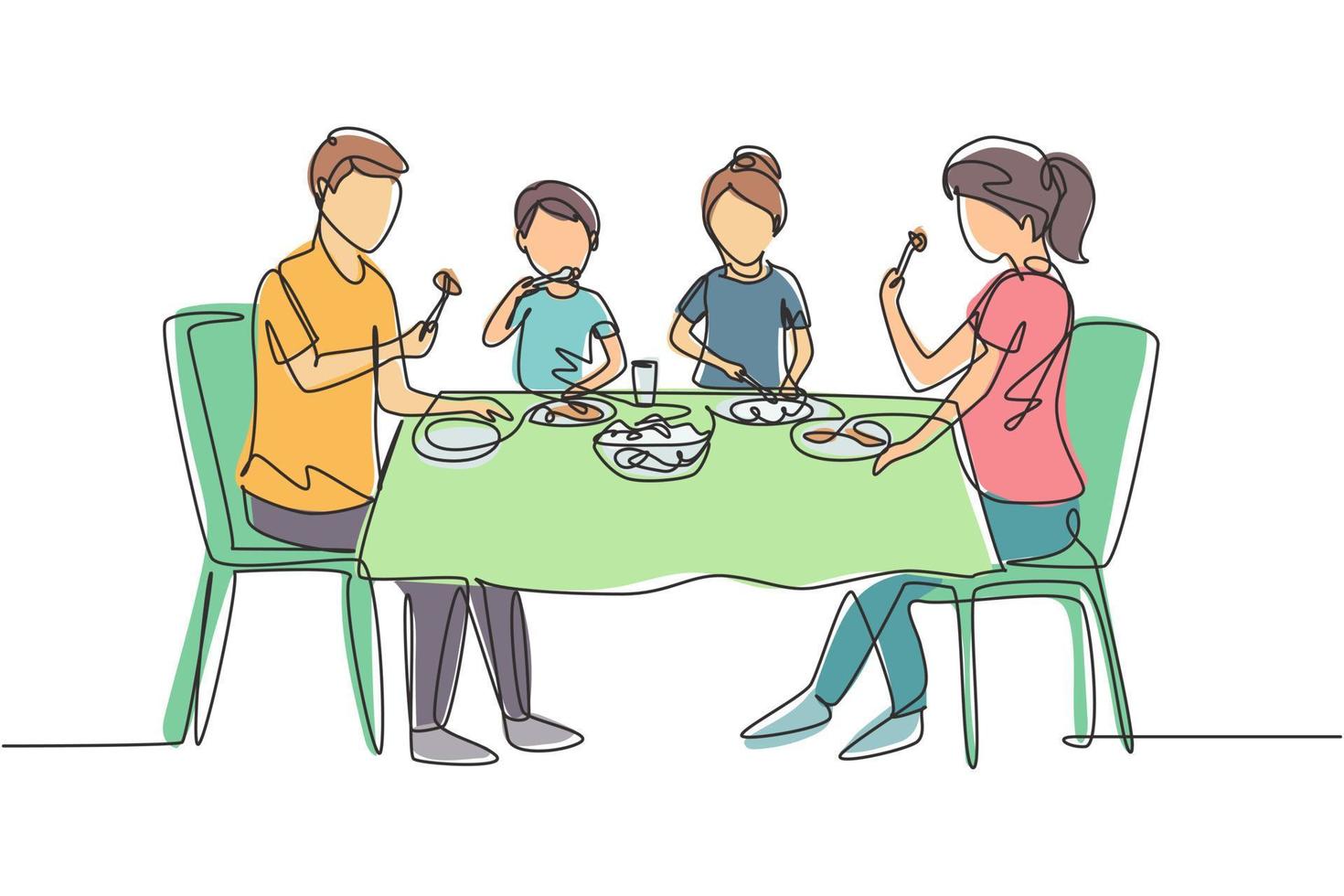 dibujo continuo de una línea, padres e hijos juntos. familia comiendo alrededor de la mesa de la cocina. feliz papá, mamá y niños sentados comiendo. Ilustración gráfica de vector de diseño de dibujo de una sola línea