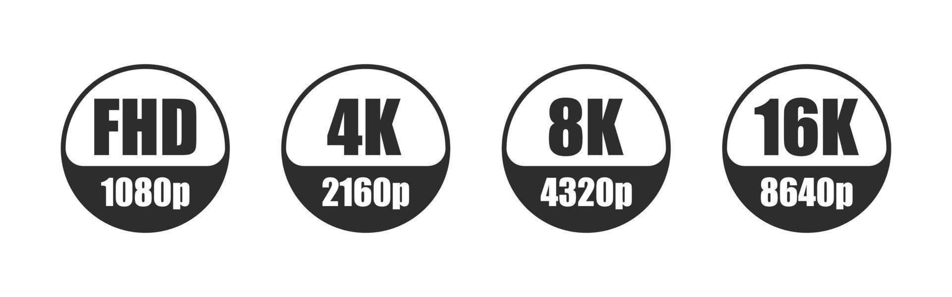 4k ultra hd etiquetas. vídeo o pantalla resolución iconos lleno alta definición, 4k ultra alta definición, 8k 16k pantalla resolución iconos vector insignias