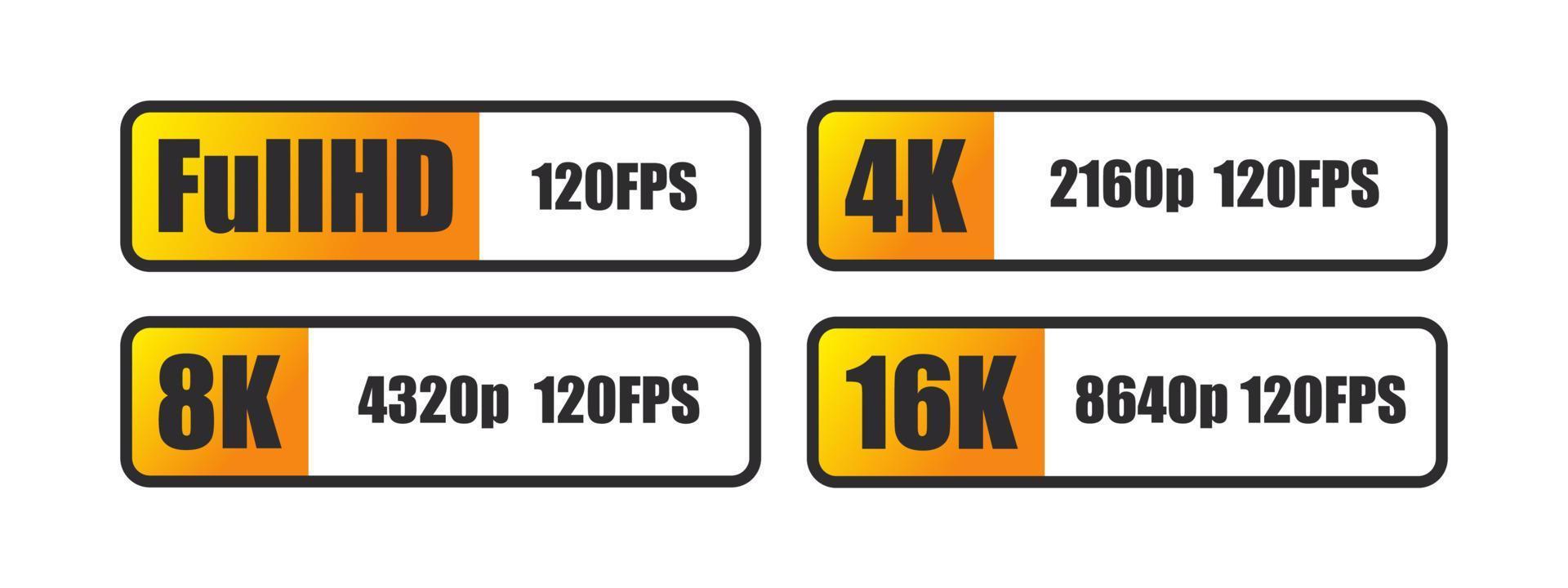 pantalla resolución insignias colocar. lleno alta definición, 4k ultra alta definición, 8k 16k pantalla resolución iconos vector íconos