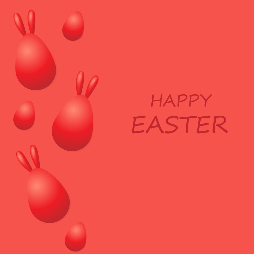 Realistic red egg with bunny ears card on red background. Text Happy easter. Holiday decoration for easter holiday. 3D illustration vector