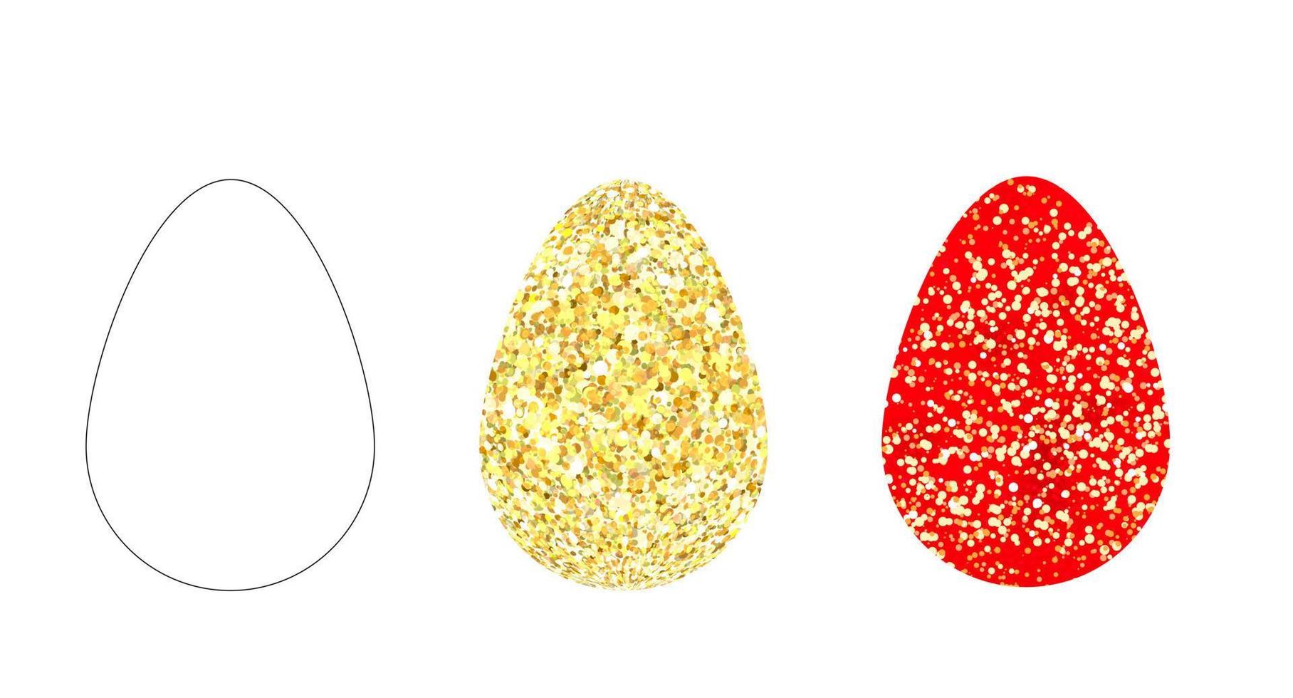 Hand-drawn eggs. Gold and red glitter eggs. Holiday decoration for