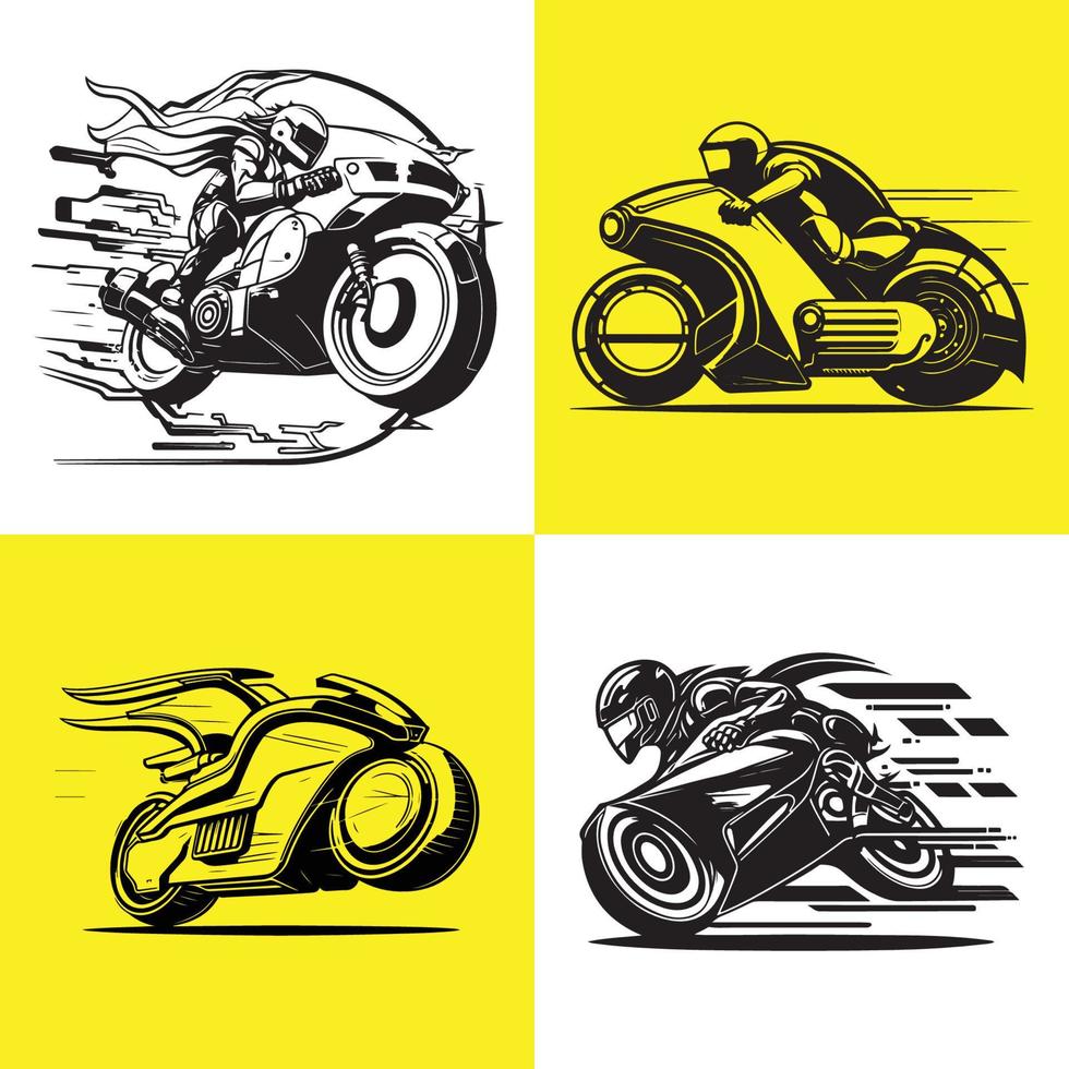 moderno futurista motocicleta negro vector contorno conjunto aislado. motorista con moderno digital futurista bicicleta vector icono ilustración.