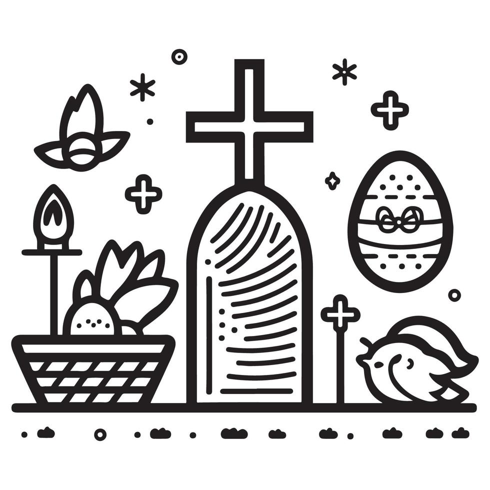 easter bunny with easter eggs illustration black outline vector