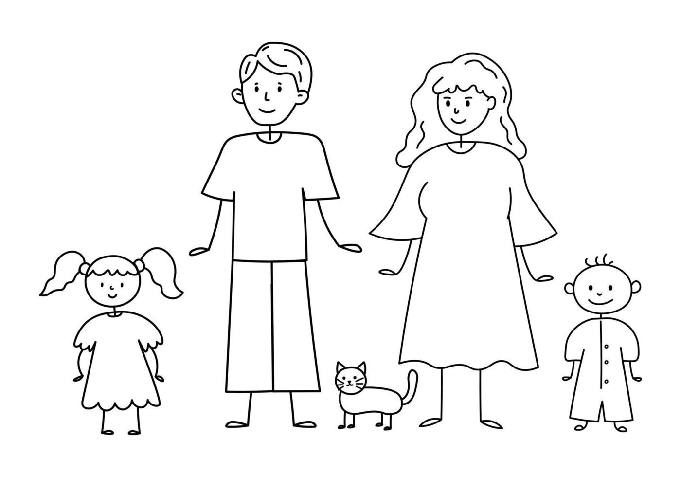 Graphic doodle line sketch of cute young family with kids. Doodle sketch of young family with children and pets vector
