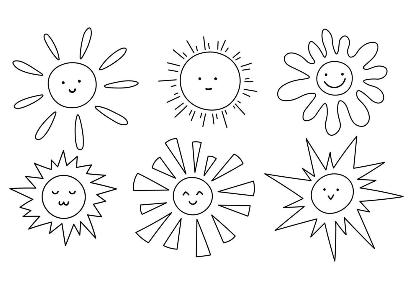 Graphic Set of Different Doodle Cute Suns. Line Doodle Sketches of Various Cartoon Suns vector