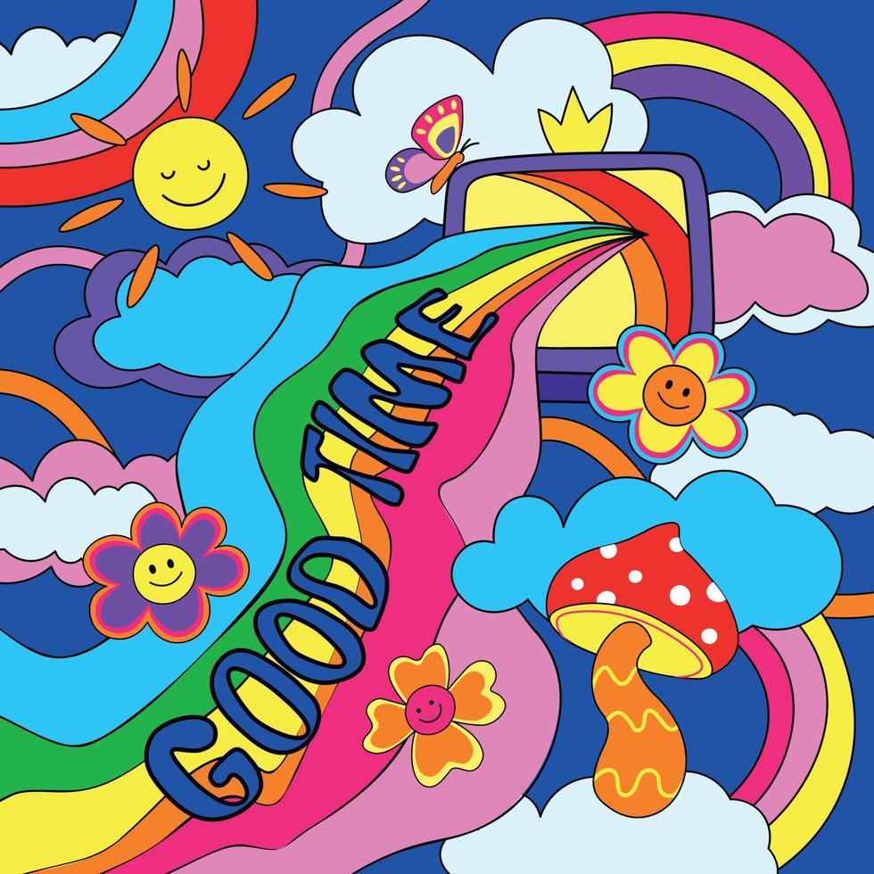 Cartoon Rainbow Kids poster 90s. Retro kidscore colorful background or poster with decorative elements. Good time retro vibe 90s and y2k style vector