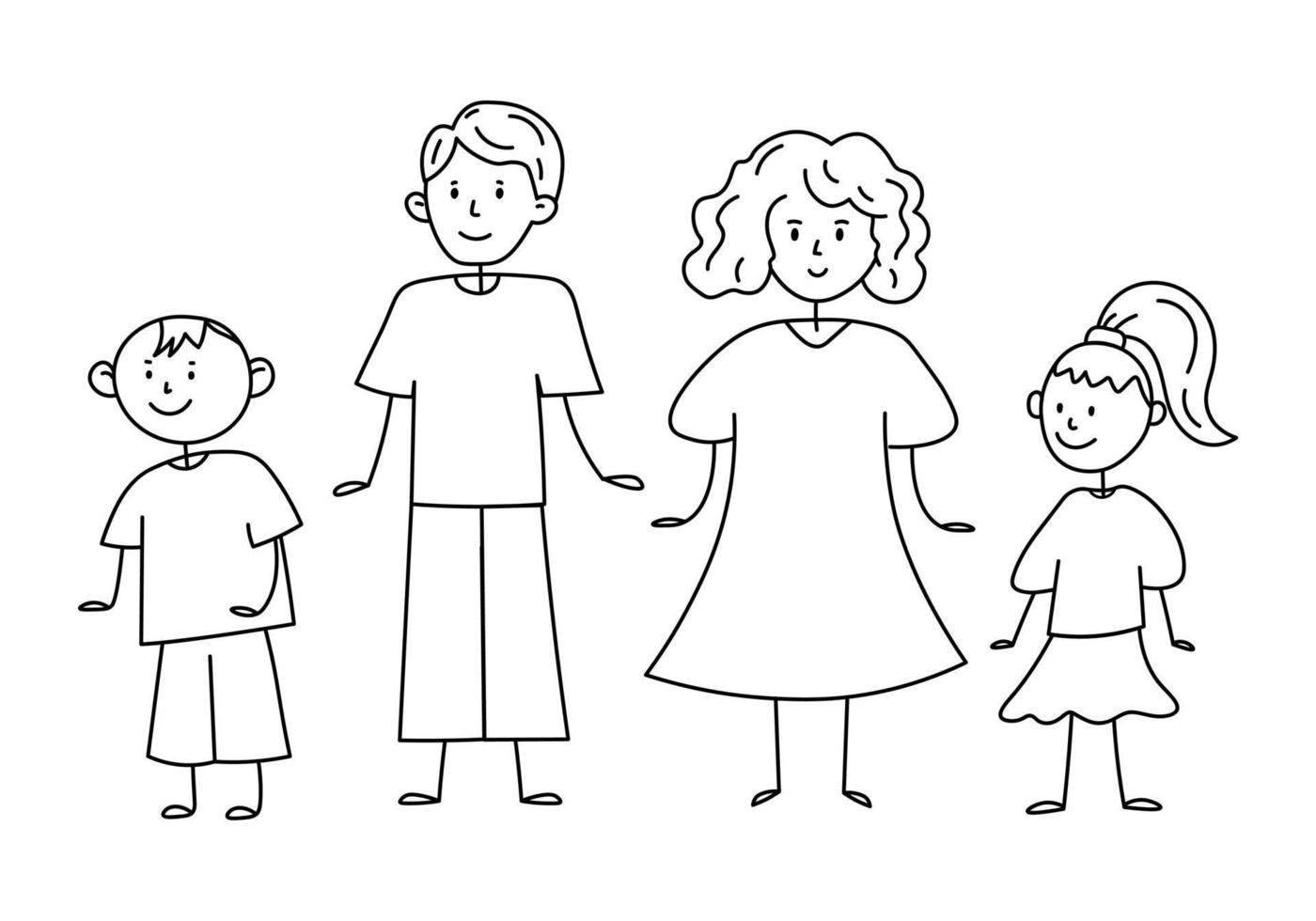 Graphic cartoon line illustration of family with children. Doodle linear illustration of family vector