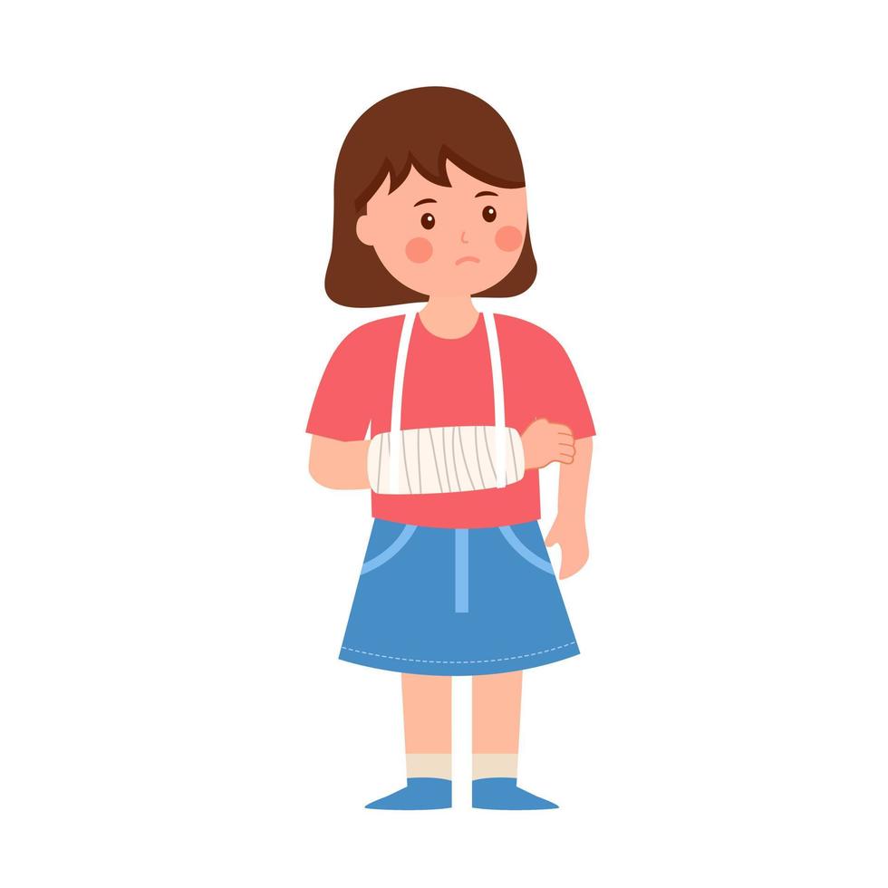 Girl kids with broken arm in flat design on white background. Injured child with bandage arm. vector