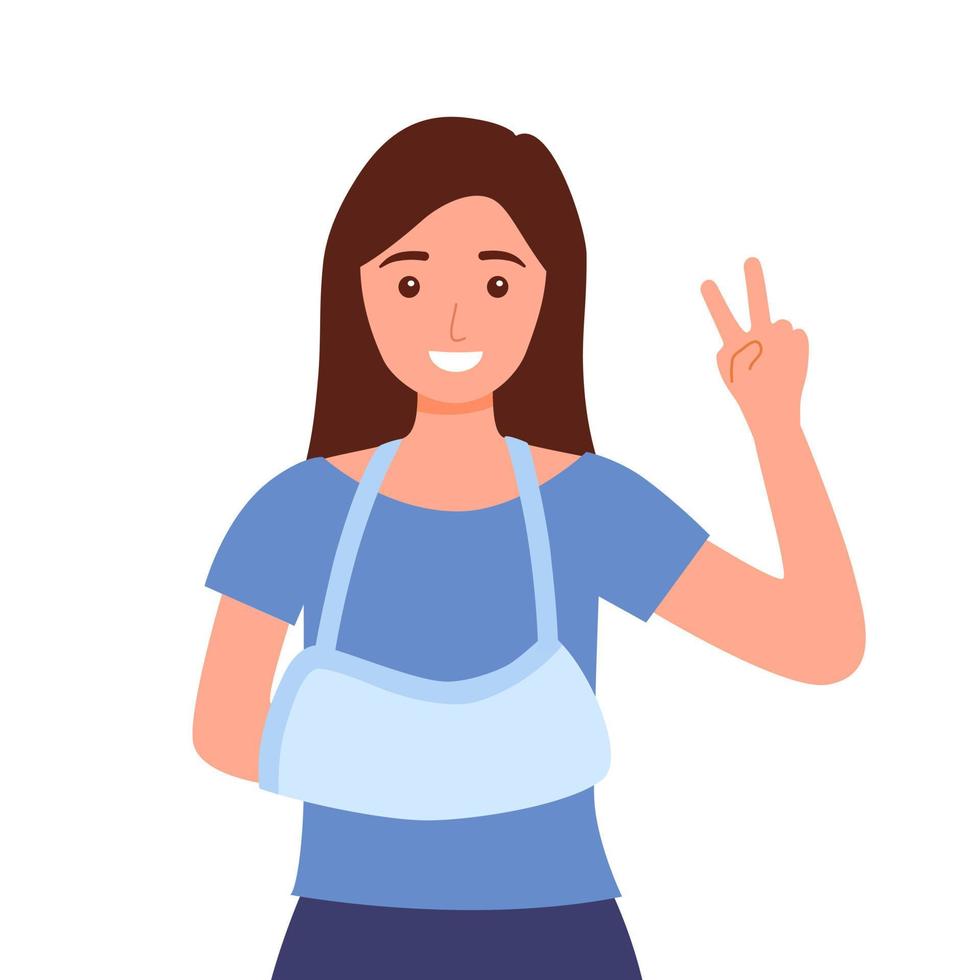 Woman with broken arm in flat design on white background. Arm cast concept. vector