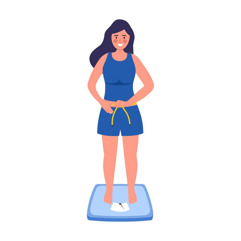 Beautiful slim girl with measuring tape on weight scale in flat design on white background. vector