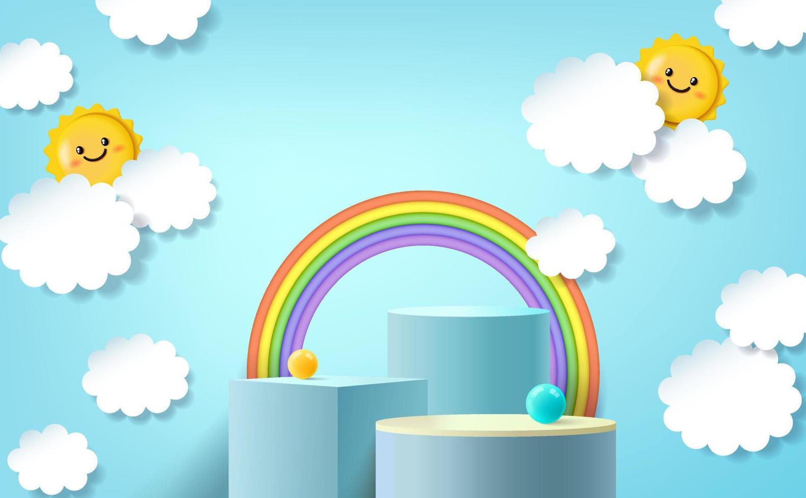 3d podium on colourful background with clouds and cute rainbow, kids product display. vector