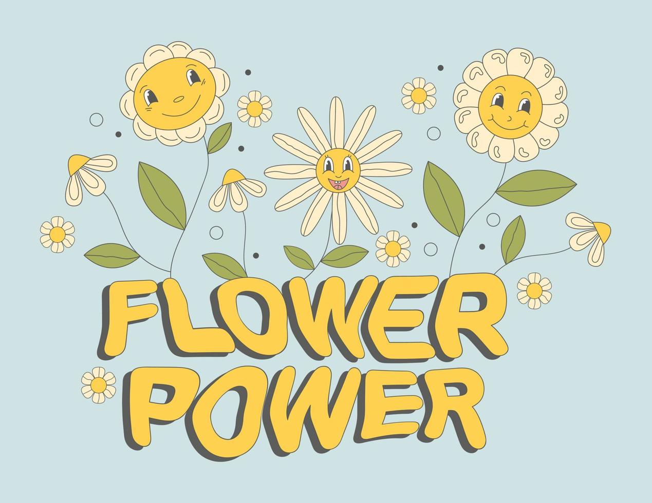 Groovy  poster with hippie flowers daisies and text flower power on retro background in  60s 70s flat style vector