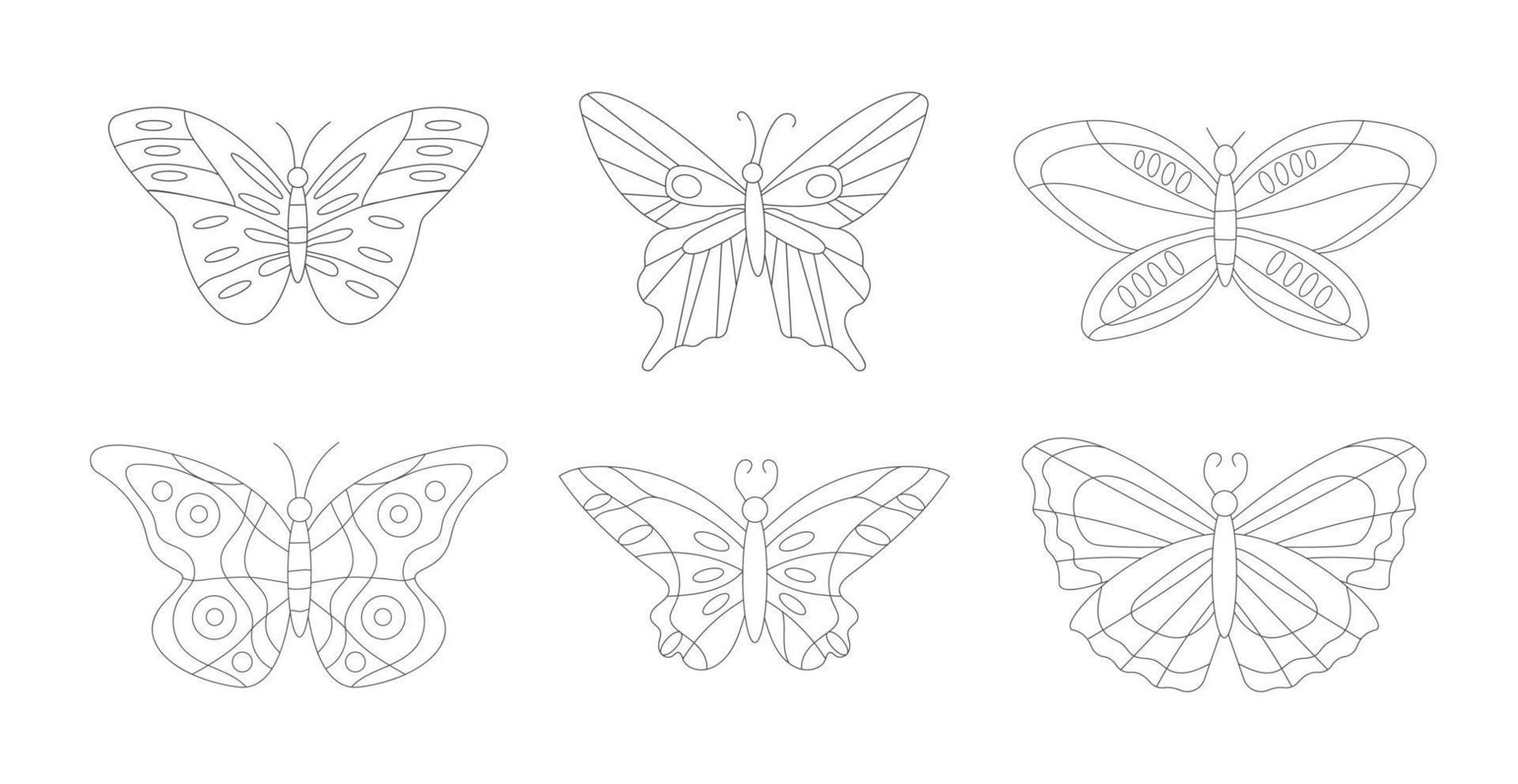 Groovy  set of hippie  butterflies line style  in  60s 70s . vector