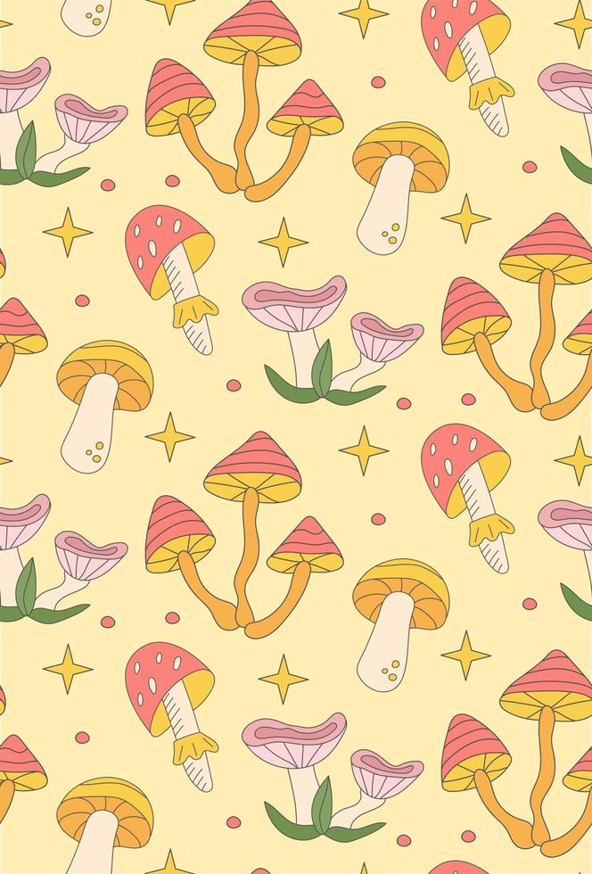Groovy  pattern hippie  mushrooms doodle style  in  60s 70s . vector