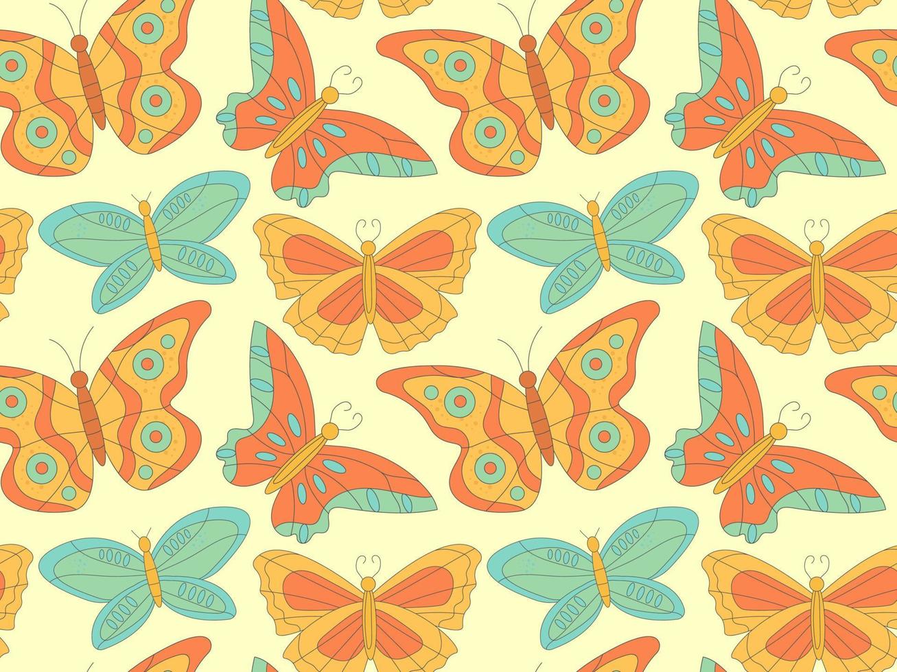 Groovy  pattern with hippie bright butterflies  on yellow background  in  60s 70s flat style vector