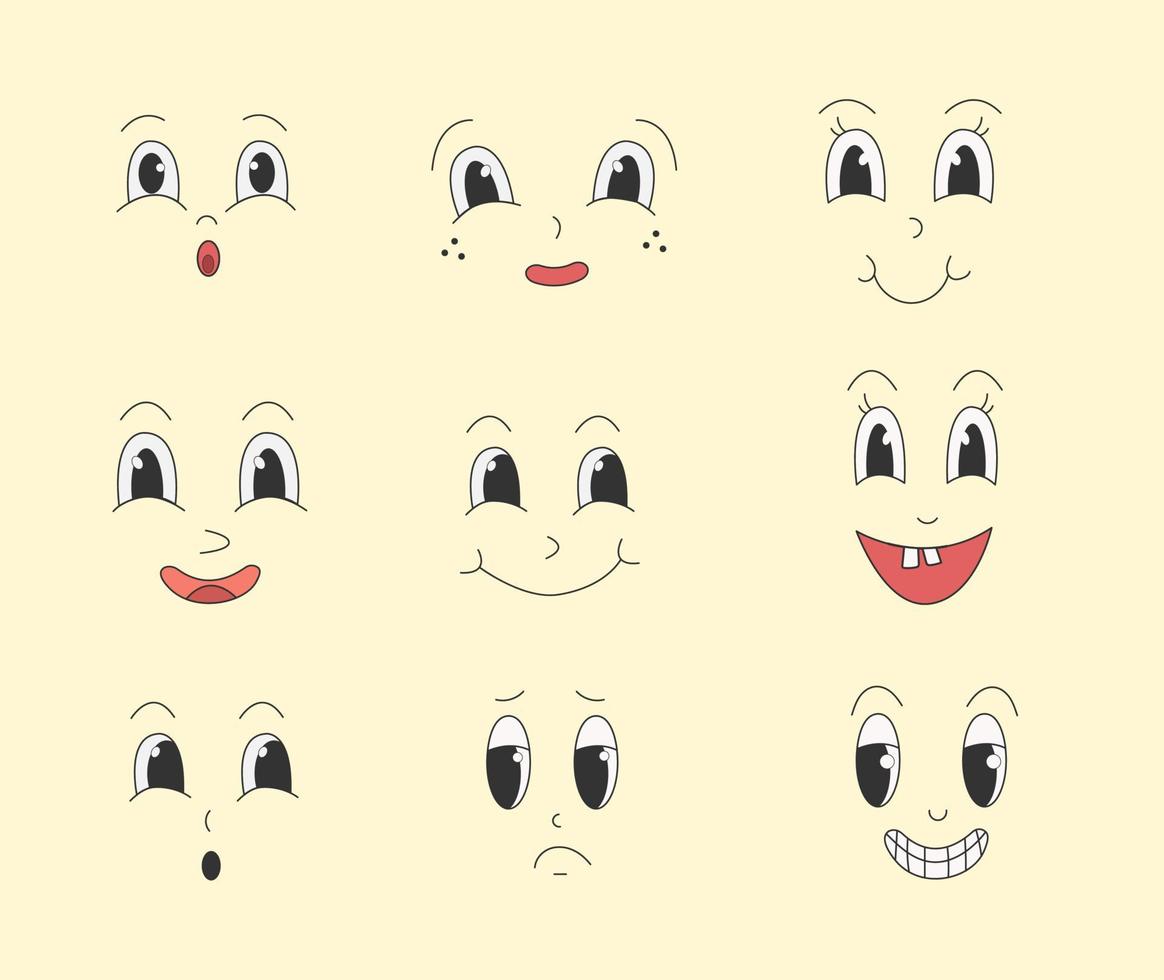 Set of Groovy  emotion face in  60s 70s flat style vector