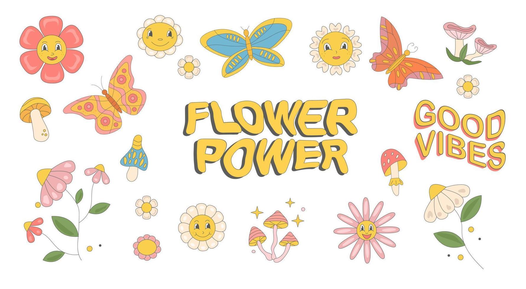 maravilloso conjunto de hippie hongos y margarita flor y mariposa plano estilo en 60s 70s . vector