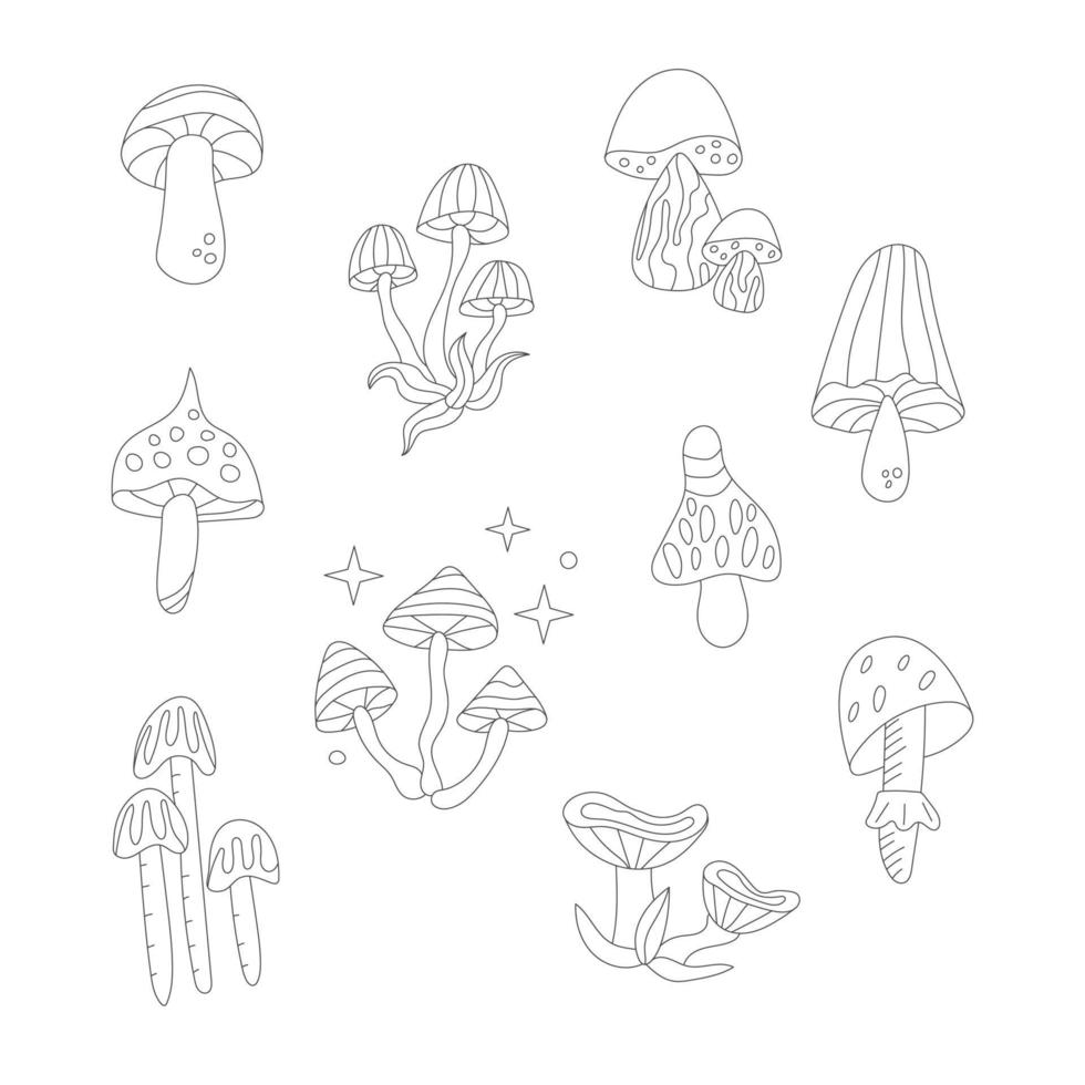 Groovy  set of hippie  mushrooms line style  in  60s 70s . vector