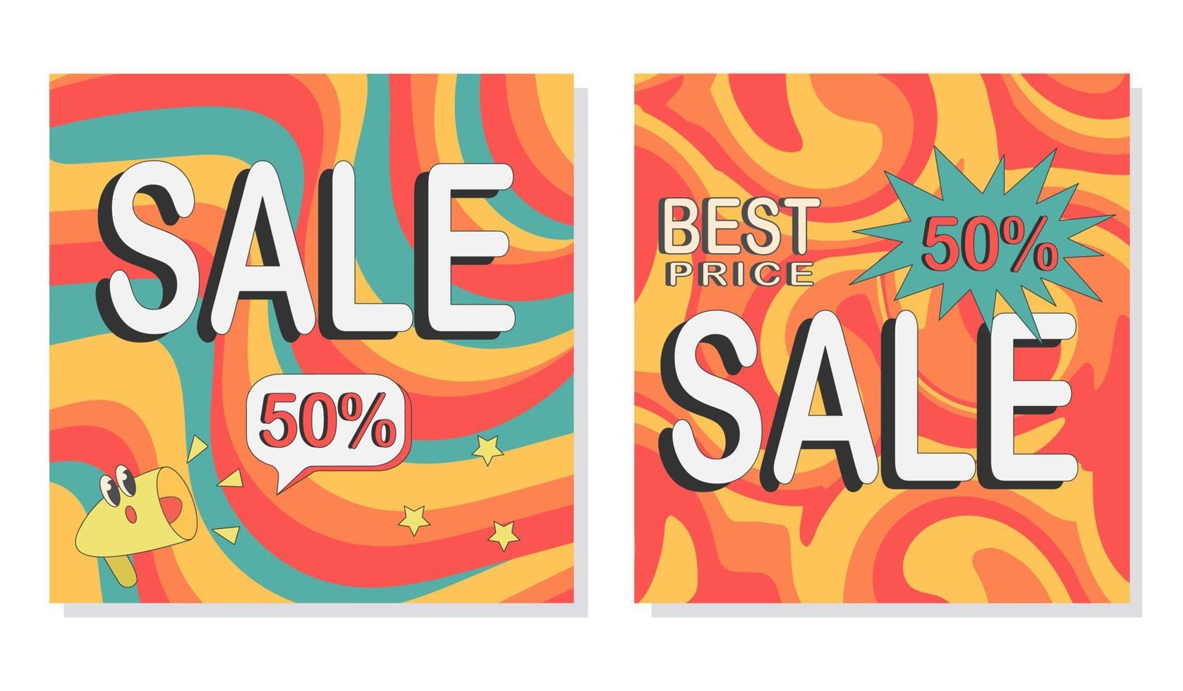 Groovy retro banners with discount text on wavy abstract background  in  60s 70s flat style vector