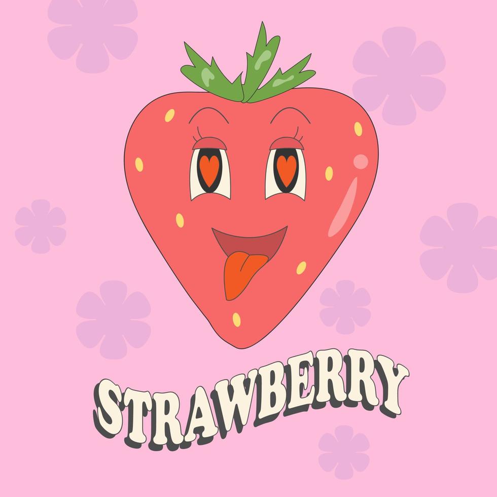 Groovy  funny strawberry in love and text in  60s 70s flat style vector