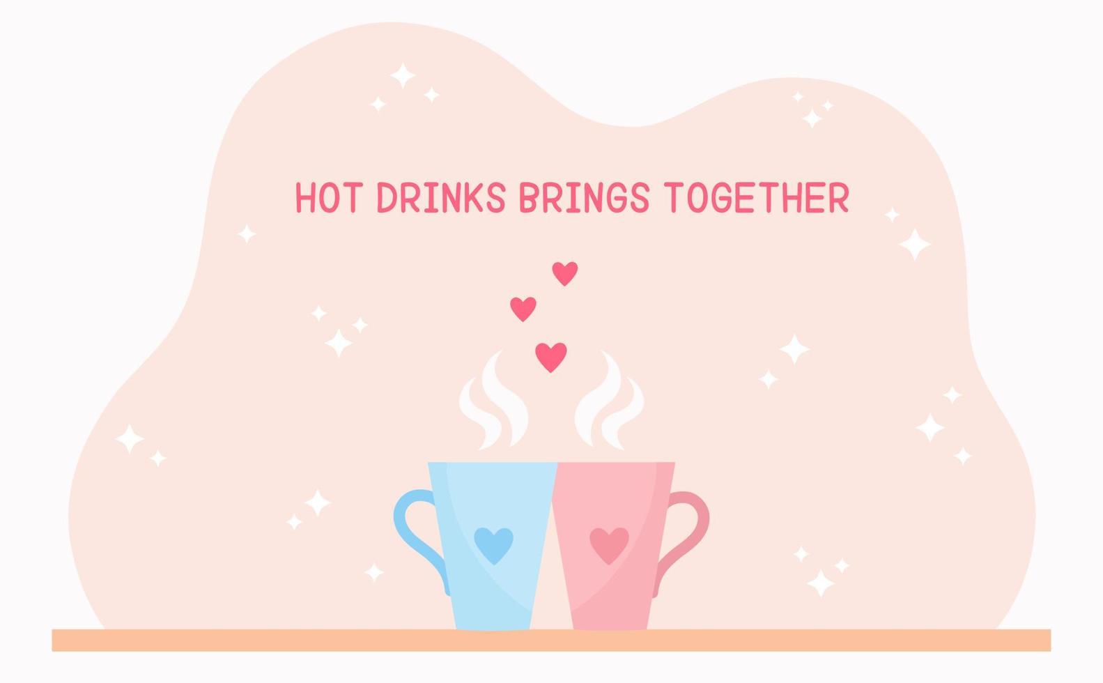 dos tazas de caliente bebidas para parejas en amor. especial romántico tazas con corazones. el concepto de amor y relaciones modelo para cafés, barras, reunión, amar, amistad, calentar relación. vector