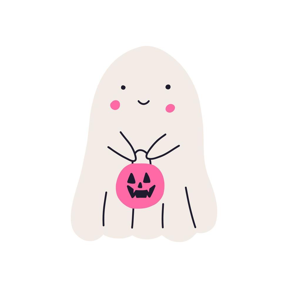 Cute ghost holding basket in shape of pumpkin for trick or treat, flat vector illustration isolated on white background. Funny cartoon character, great for kids and nursery design. Halloween party.