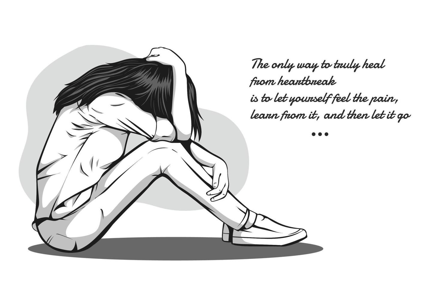 Drawing of Lonely sad girl and hug his knees sitting on the floor ...