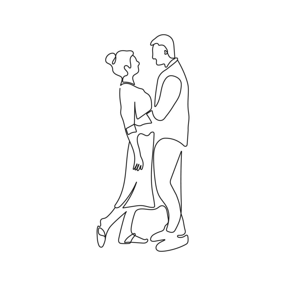 Romantic, hugging couple standing face to face. One line art. Man and woman in love want to kiss each other. Vector illustration