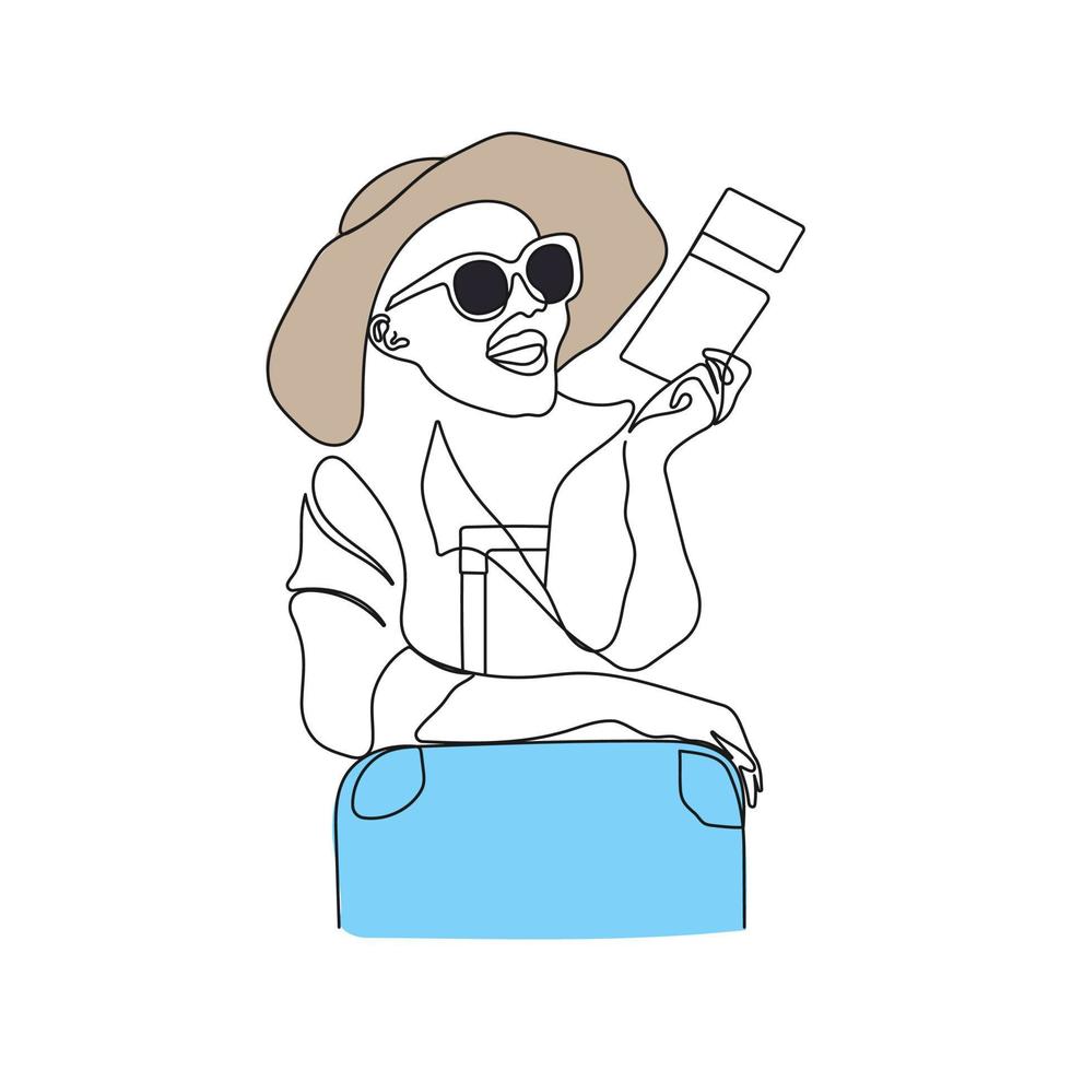 Travelling girl at the airport terminal with suitcase and boarding pass tickets. One line drawing art. Woman is waiting to go on a trip. Travel concept. Vector illustration.