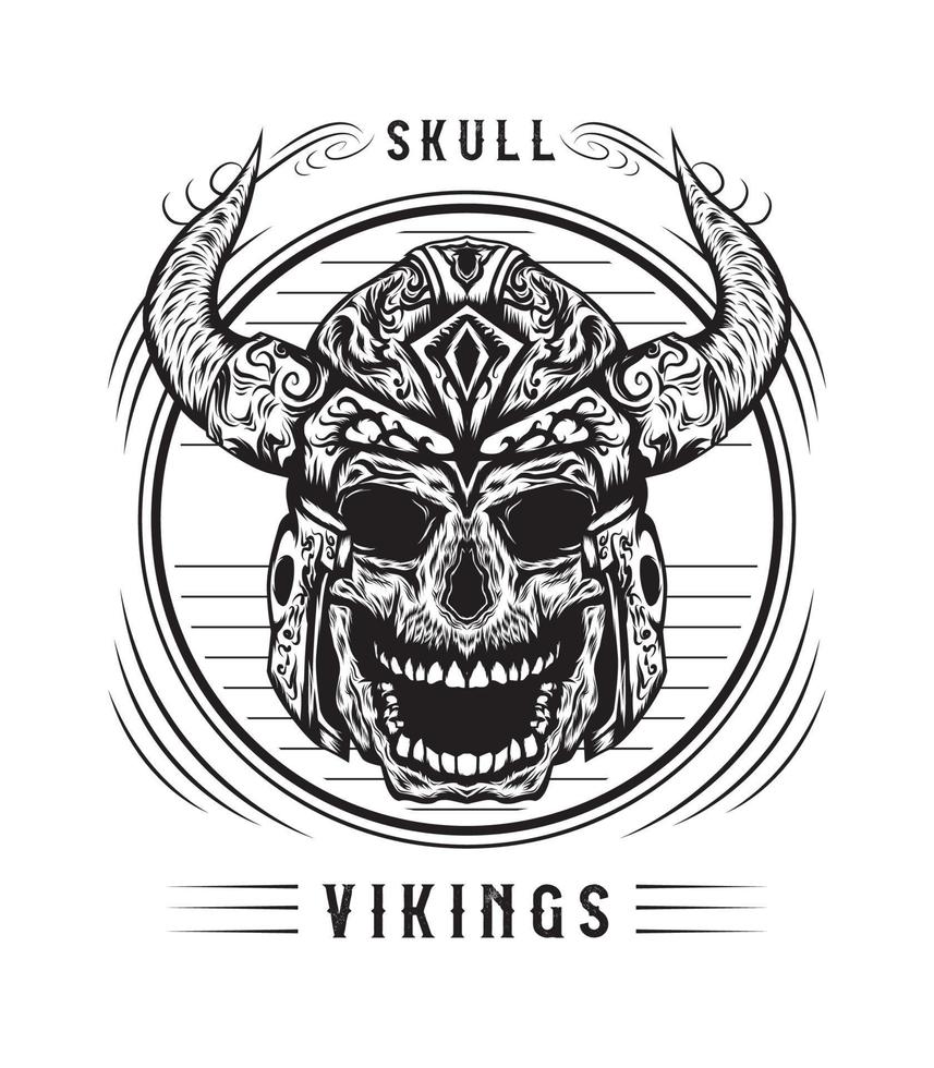 Detailed vector illustration of skull Viking in black and white color