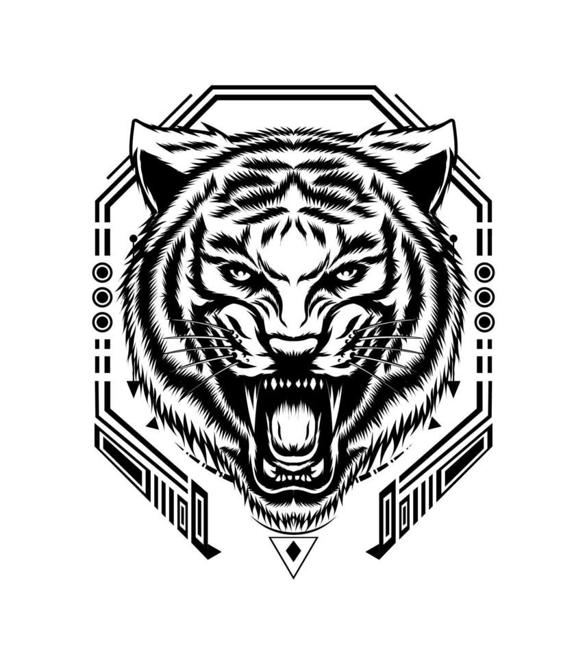 Tigre rugido vector ilustración negro y blanco estilo