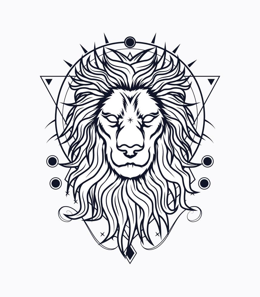 Lion head tattoo vector illustration with ornament background